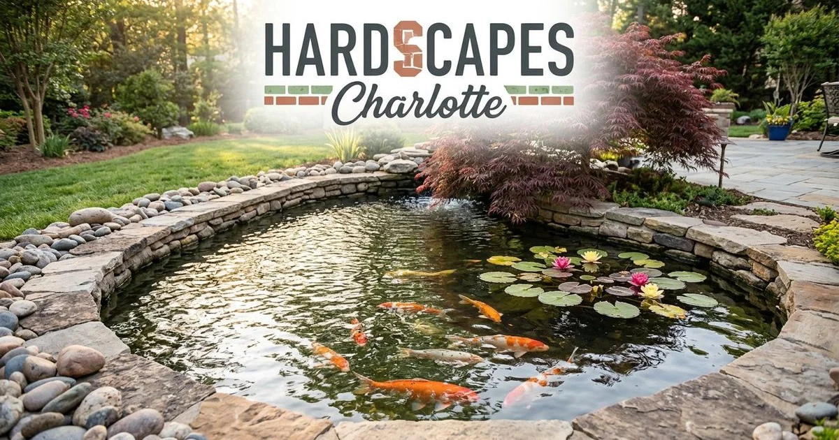 Beautiful koi pond with natural stone edges and water plants in Charlotte NC