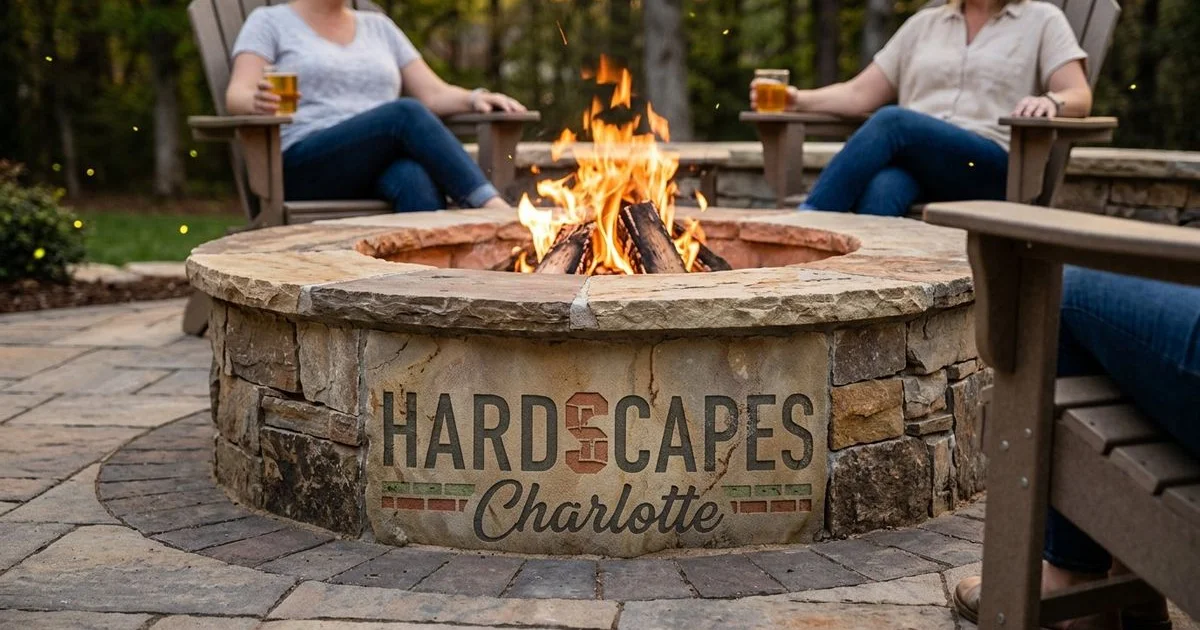 Custom stone fire pit with seating wall glowing at dusk in Charlotte NC