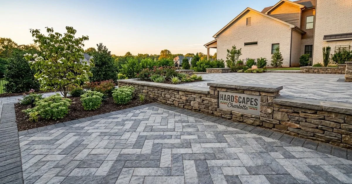 Custom stone patio with elegant furniture in a Charlotte NC backyard