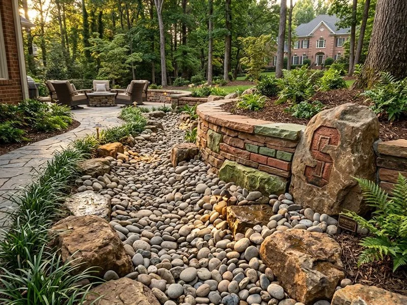 Decorative dry creek bed managing drainage in Charlotte landscape
