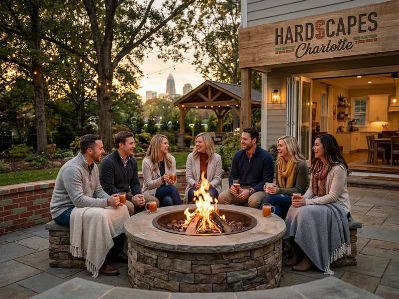 Friends gathered around fire pit on Charlotte evening