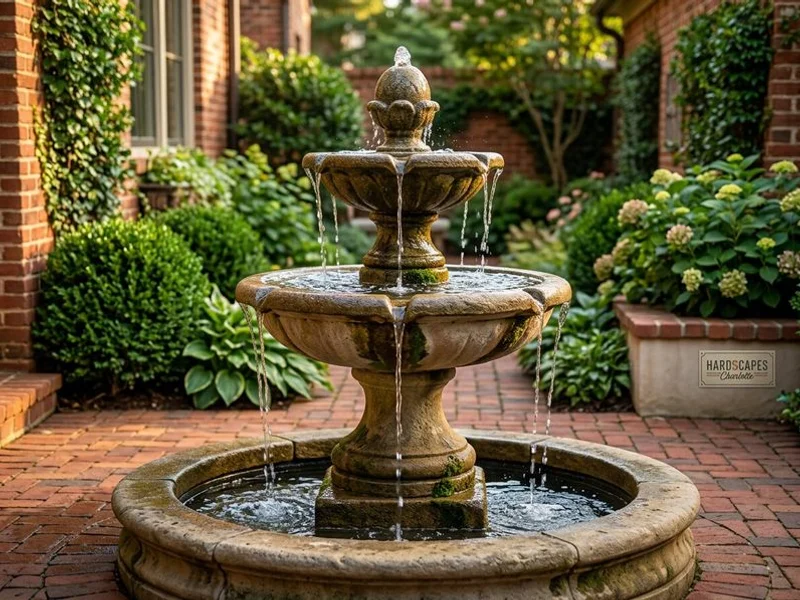 Tiered garden fountain in Charlotte courtyard setting