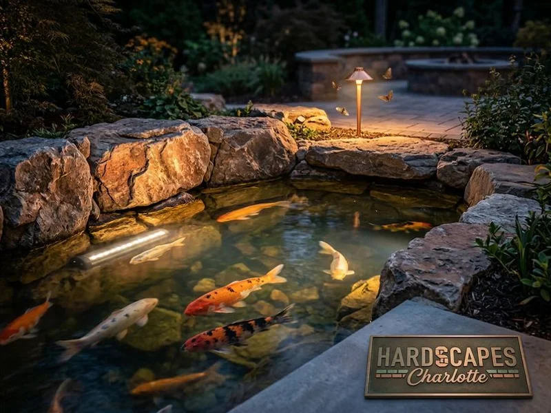 Koi pond illuminated with underwater LED lighting at night