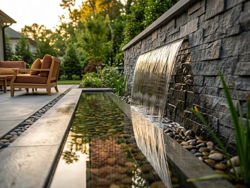 Modern stainless steel water wall on Charlotte patio
