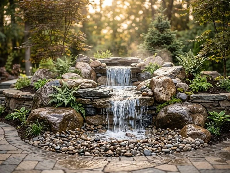 Pondless waterfall with natural boulder cascade in Charlotte garden