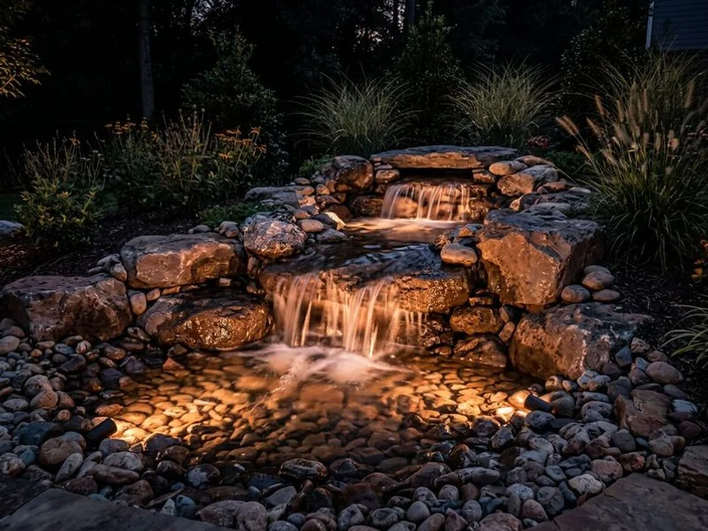 Pondless waterfall illuminated with LED lighting at night