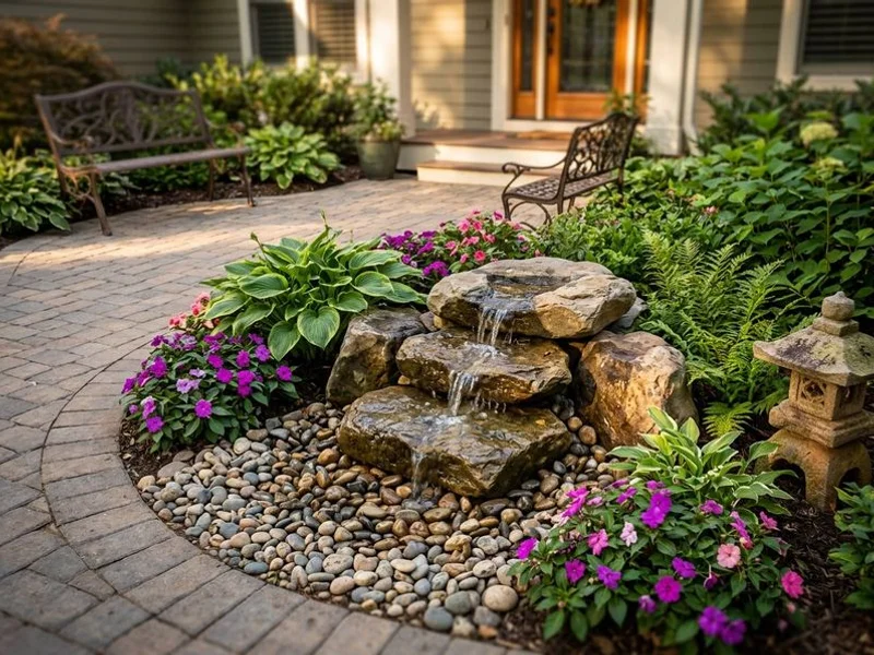 Compact pondless waterfall in Charlotte entry garden