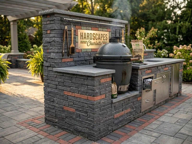 Natural stone outdoor kitchen island with sink and storage