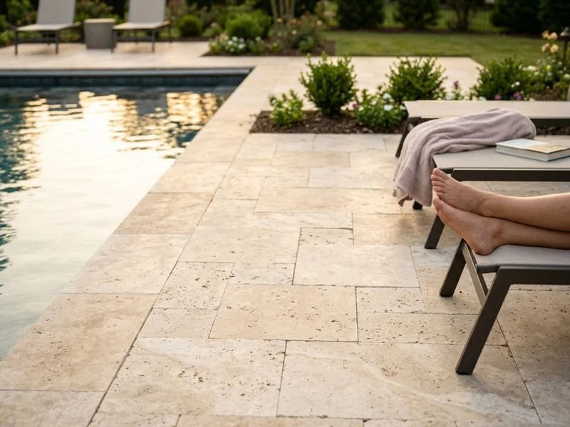 Travertine patio surrounding a pool in Charlotte NC