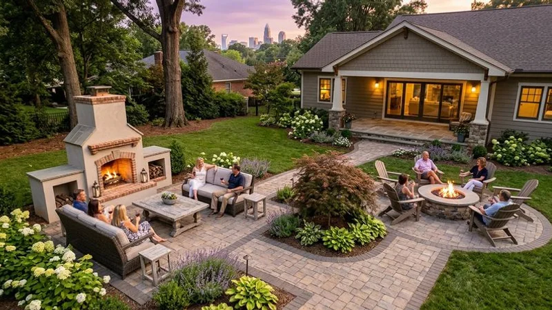 Aerial view of Charlotte backyard with both fire pit conversation area and outdoor fireplace lounge creating two distinct gathering zones