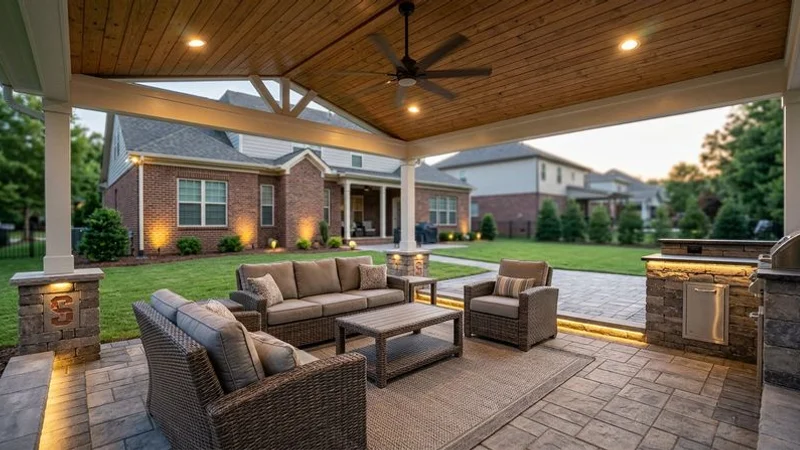 Completed covered patio with ceiling fan lighting and outdoor furniture showing final inspection approval tag in Charlotte neighborhood