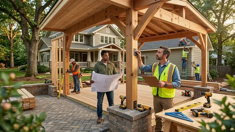 Covered patio structure under construction showing framing inspection stage with county building inspector reviewing structural connections