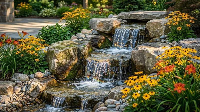 Crystal clear water feature with waterfall flowing over natural boulders surrounded by summer plantings in full bloom