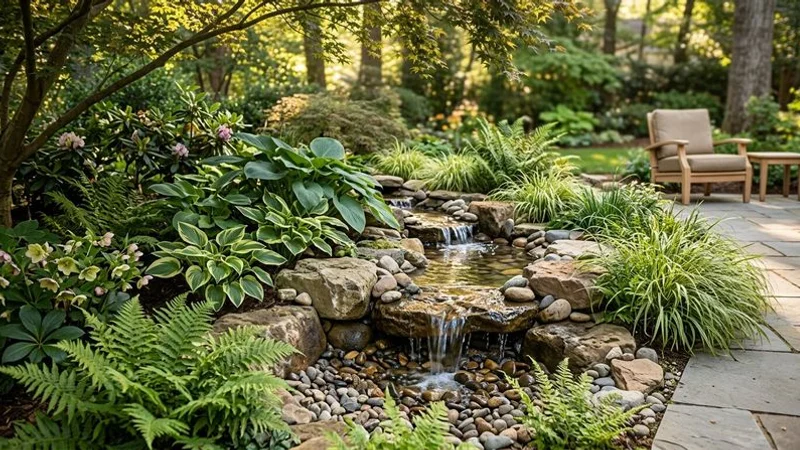 Beautifully landscaped pondless waterfall with mature ferns hostas and ornamental grasses creating a natural garden setting
