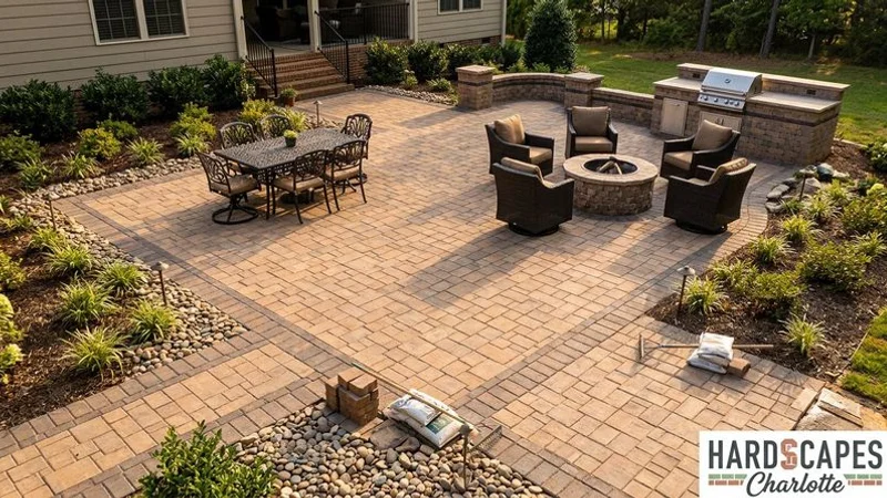 Overhead view of a multi-zone patio design showing dining area conversation space and grilling station with proper proportions