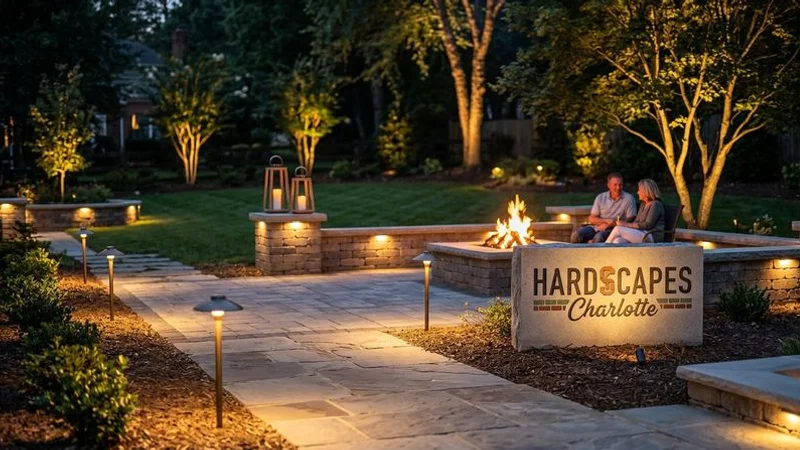 Beautifully lit outdoor living space at night with pathway lights, uplighting on mature trees, and warm glow from a fire pit