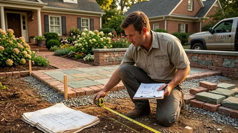 Landscape architect reviewing patio design plans with homeowner in a Charlotte backyard showing proposed layout markings