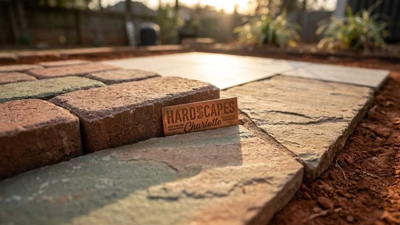 Various patio material samples including pavers natural stone and flagstone displayed on a Carolina red clay soil background