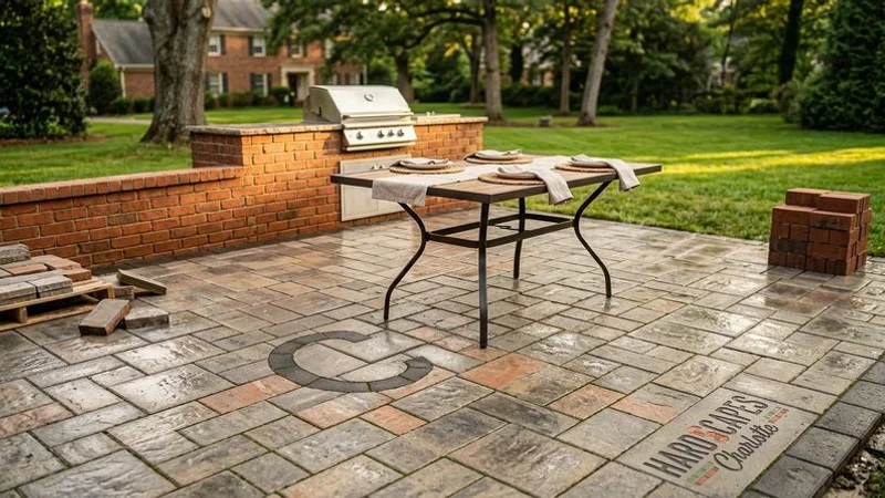 Beautifully finished paver patio with outdoor dining setup during light rain showing water drainage between paver joints