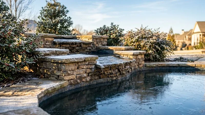 Peaceful water feature in winter with frost on surrounding stones and evergreen plantings in a Charlotte backyard